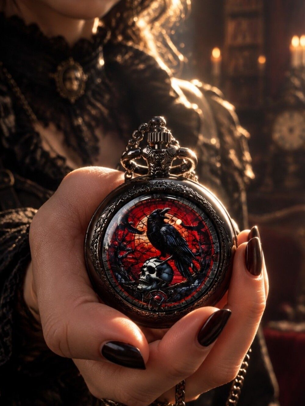 Raven Skull Pocket Watch Necklace Gothic Crow Pendant Dark Academia Gunmetal Red